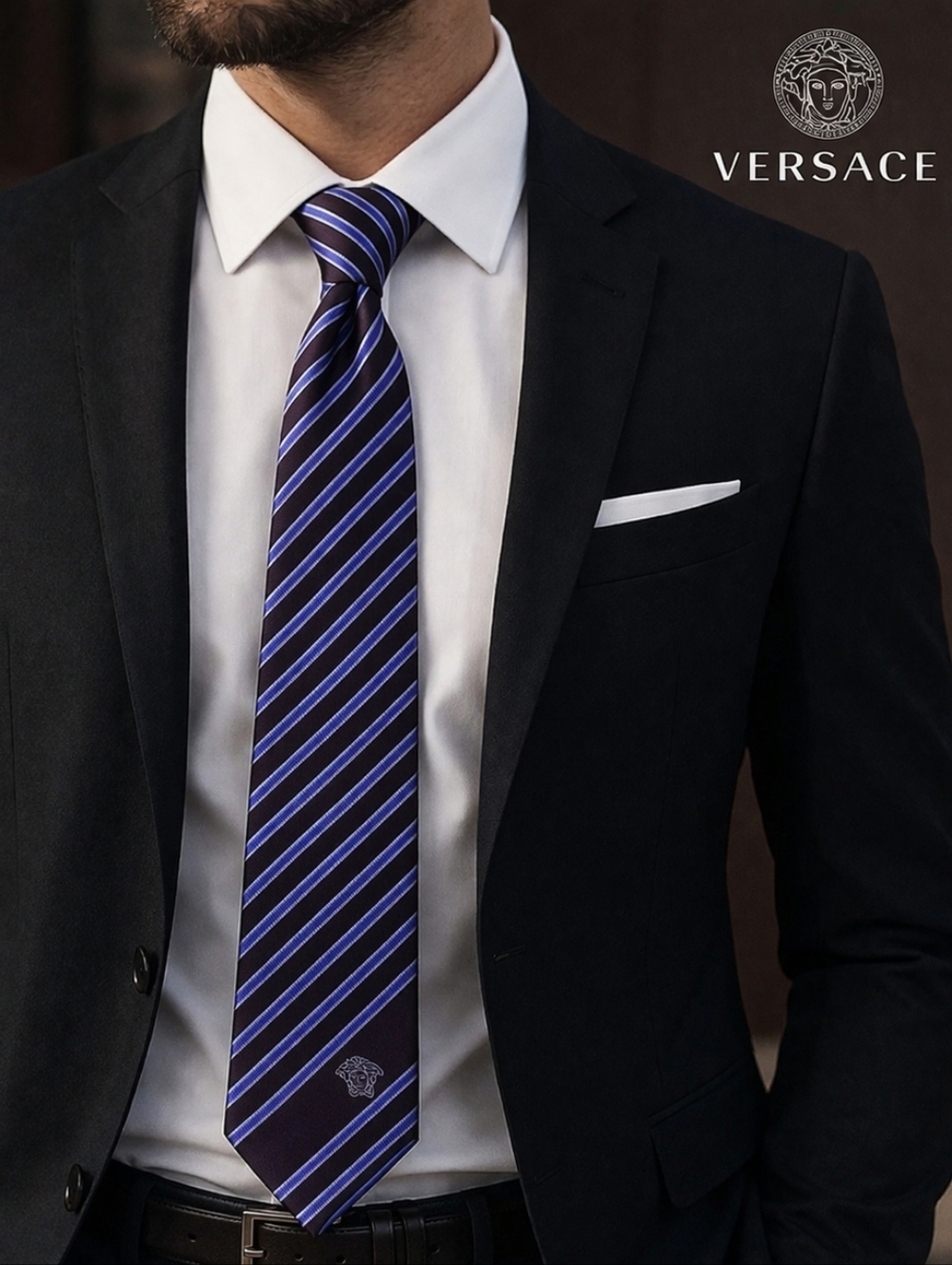 Versace Silk Men’s Navy Tie with Blue Diagonal Stripes & COA